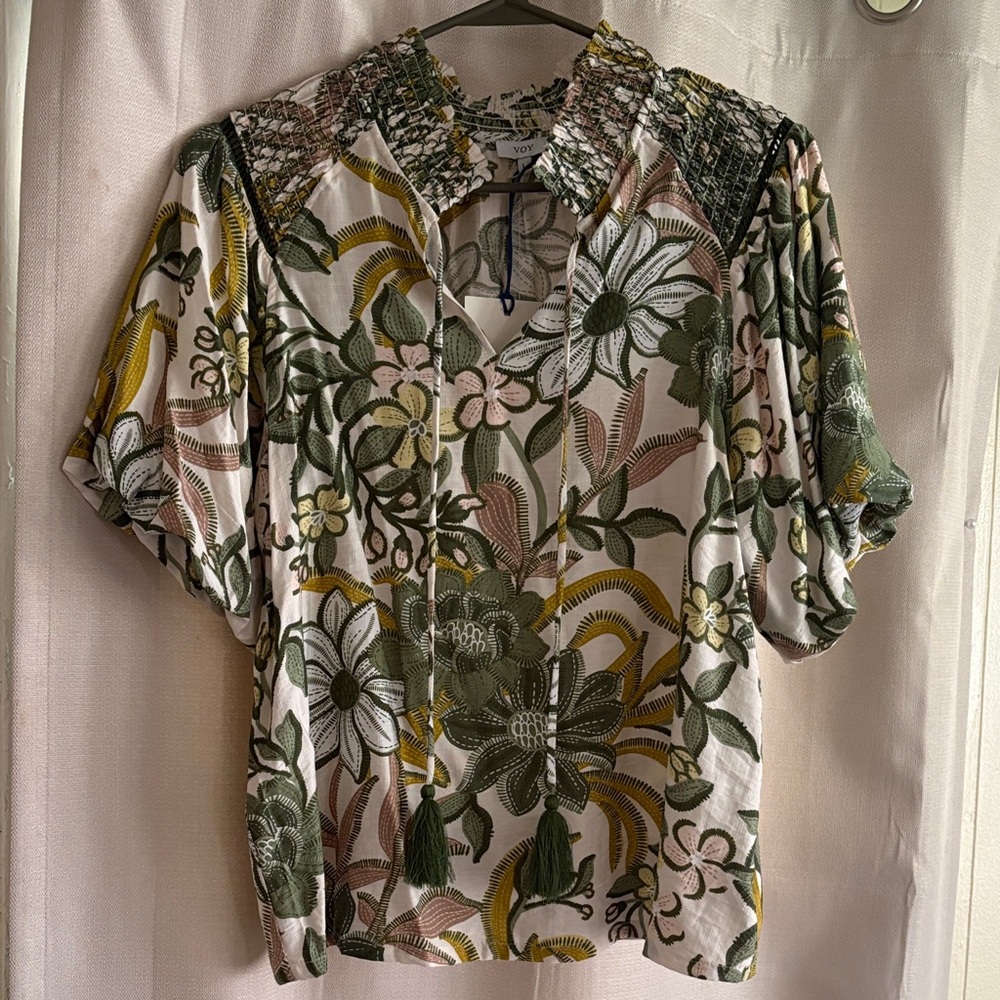 Elegant Floral Women's Blouse in Green and Yellow